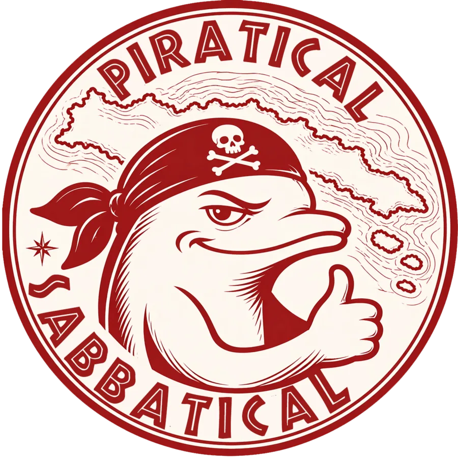 Piratical Sabbatical circular logo with a pirate dolphin and Channel Islands map linework.